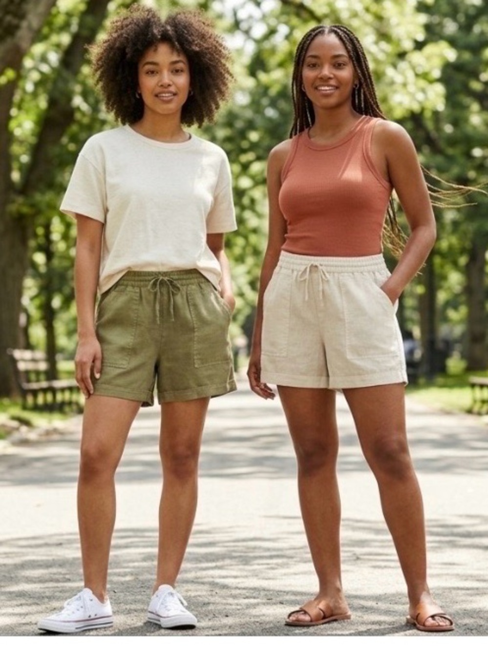 SET OF 2 Universal Thread Womens Linen Blend Utility Shorts Olive & Ivory XXL